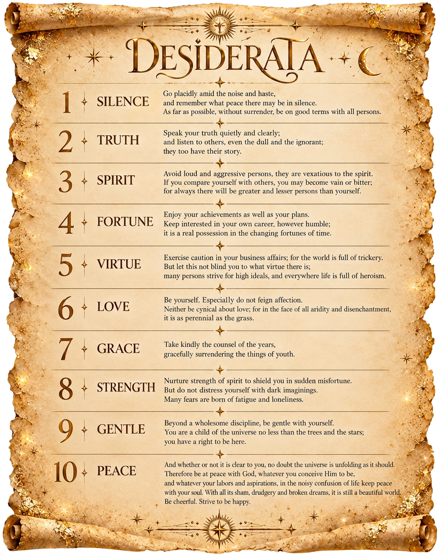 The Desiderata poem on a golden celestial parchment scroll, in ten passages